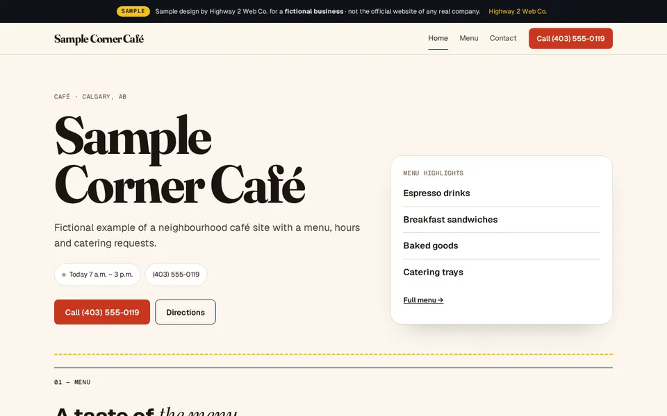 Screenshot of the Sample Corner Café sample design