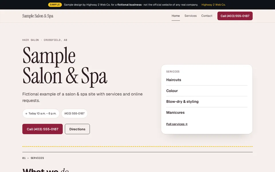 Screenshot of the Sample Salon & Spa sample design